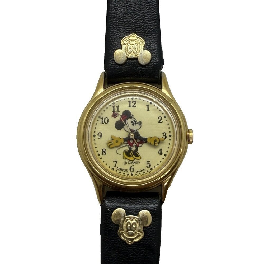 Vtg Lorus Disney World Minnie Mouse Quartz Watch V515-6080 Rotating Hands Black